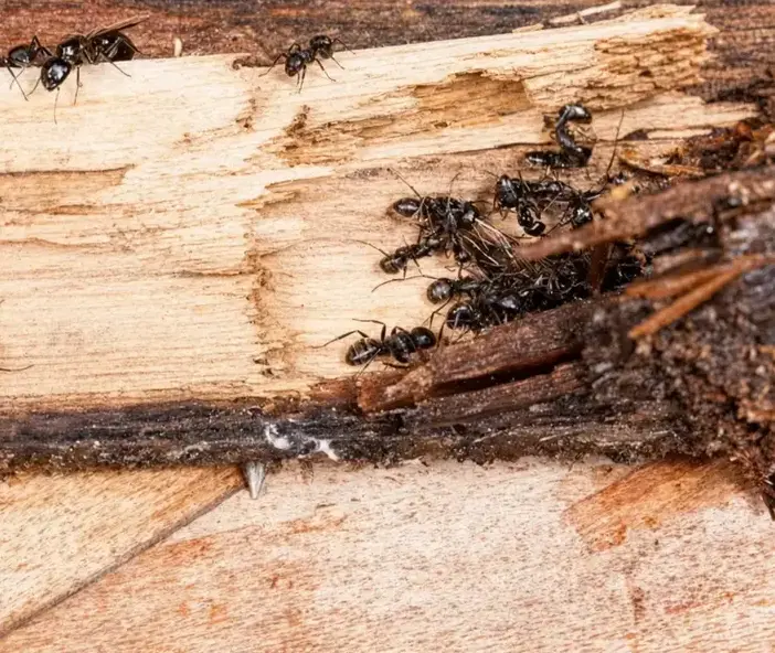 Chapman Pest Control technician applying carpenter ant treatment along a baseboard in a Cedar City, UT home