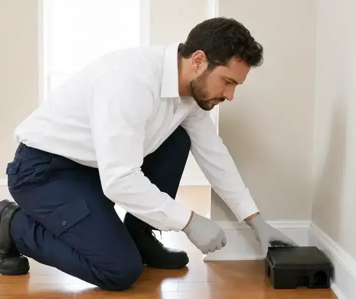 Chapman Pest Control technician applying cricket treatment along a baseboard in a Cedar City, UT home
