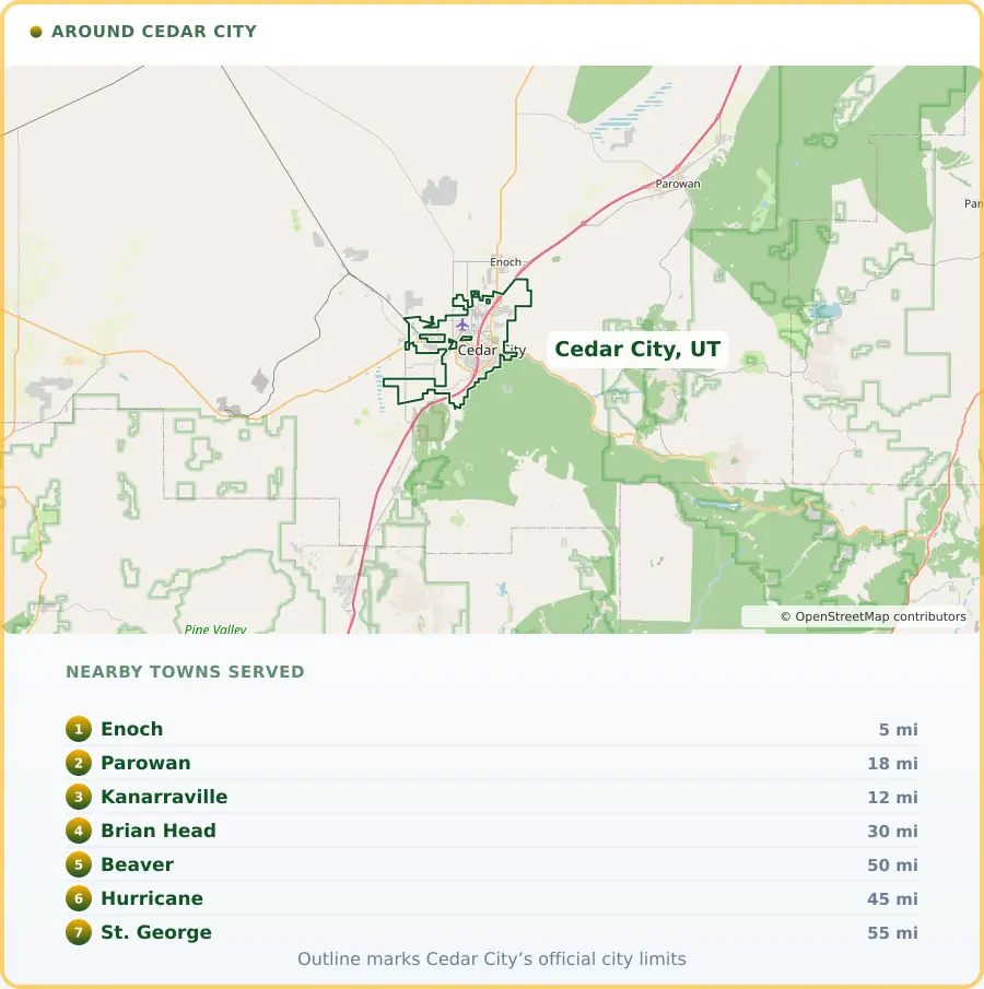 Map of the Cedar City, UT area, covering Enoch 5 miles away, Parowan 18 miles away, Kanarraville 12 miles away, Brian Head 30 miles away, Beaver 50 miles away, Hurricane 45 miles away and St. George 55 miles away.